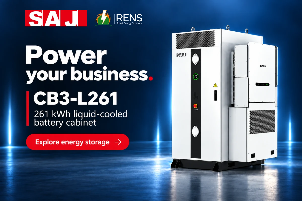 SAJ CB3-L261, 261 kWh liquid-cooled battery cabinet. Explore energy storage with RENS.