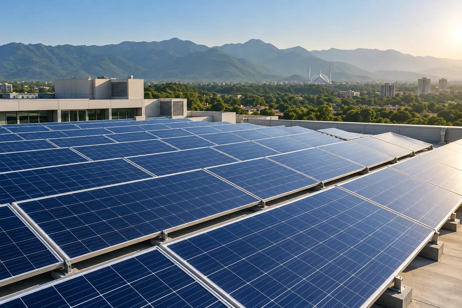 Illustrative commercial rooftop solar installation overlooking Islamabad