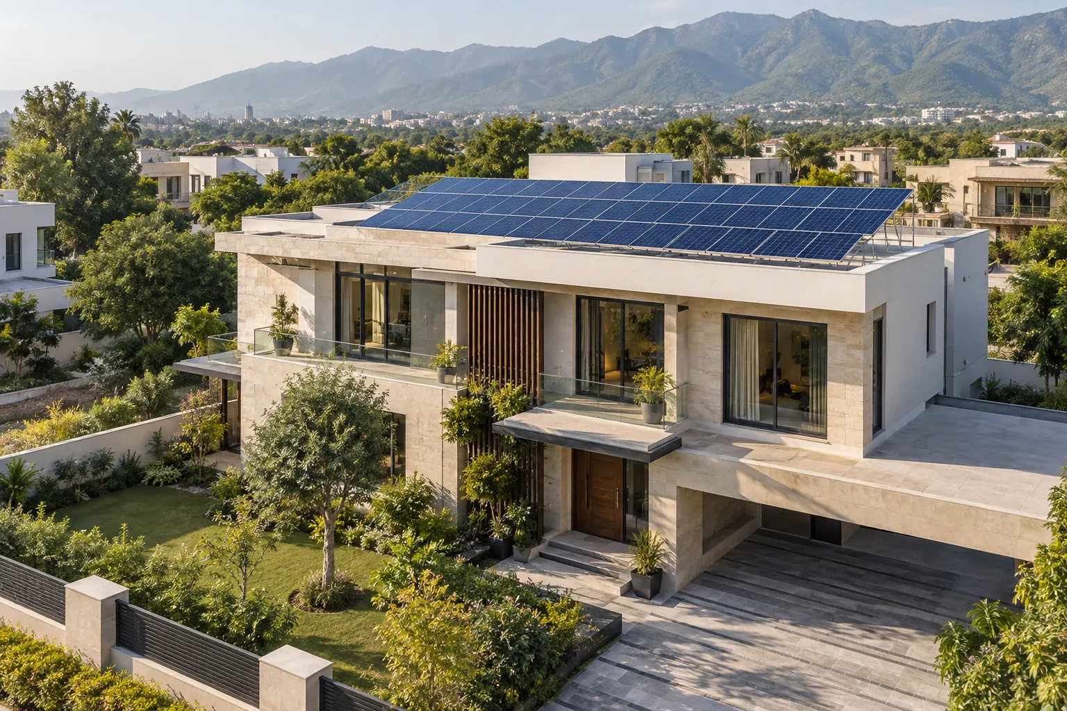 Illustrative modern home with a rooftop solar array