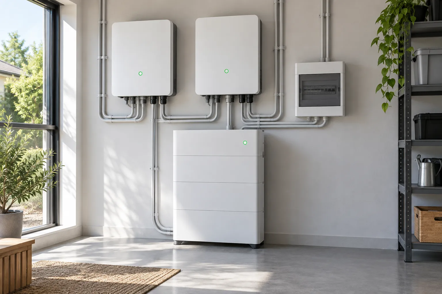 Illustrative hybrid inverter and modular battery installation